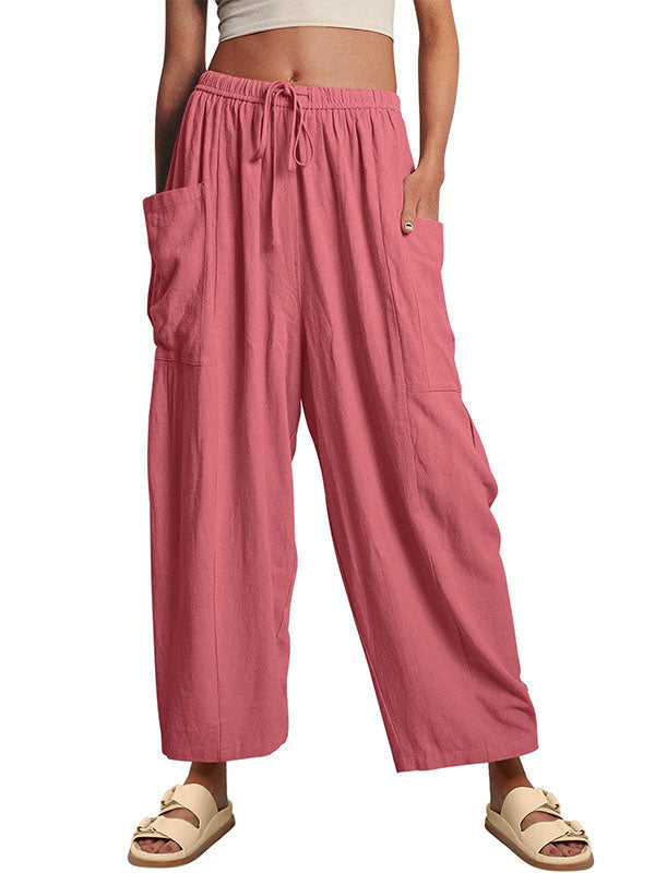 Pantalon ample plissé taille haute, à cordon de serrage, à taille élastique, à poches, couleur unie