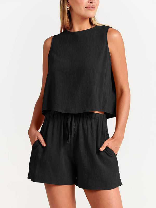 Ensemble deux pièces gilet à col rond de couleur unie + short à cordon élastique