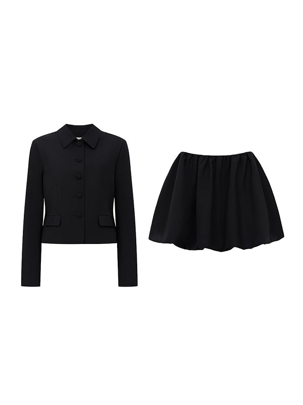 Ensemble deux pièces blazer à manches longues et mini jupes plissées, couleur unie, revers fendu