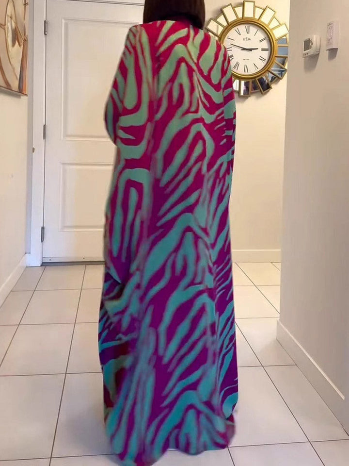 Robe longue imprimée fendue devant à manches chauve-souris, à manches longues, à empiècements, à col en V, couleur contrastée