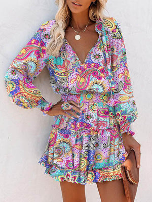 Robe courte plissée nouée coupe trapèze, à manches longues, à imprimé floral, à empiècements, à col en V, couleur contrastée