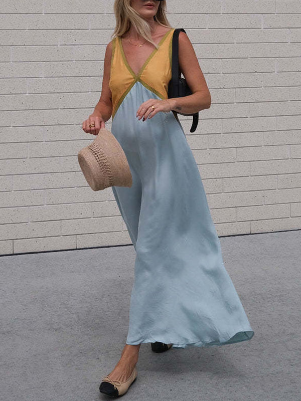 Robe longue ample sans manches, à empiècements, à décolleté en V profond, couleur contrastée