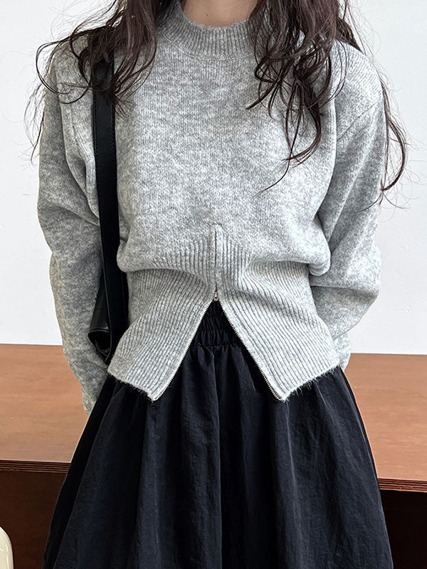 Pull ample à manches longues, à fermeture éclair, à col cheminée, couleur unie