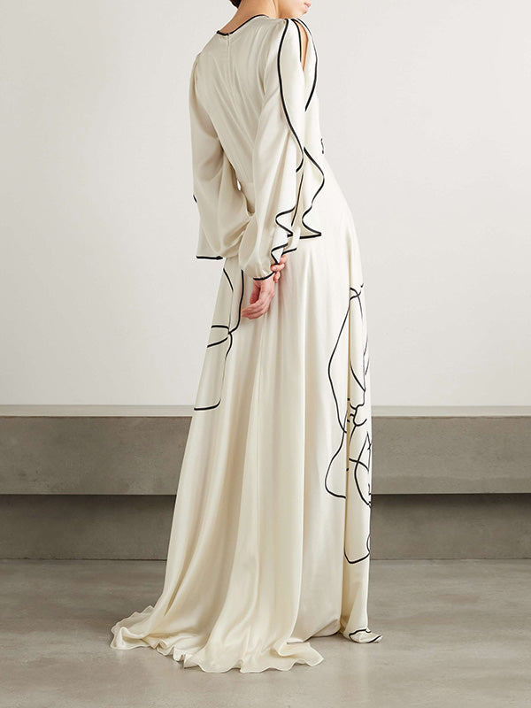 Robe longue ample ajourée à falbalas, à imprimé floral, à fermeture éclair, couleur contrastée