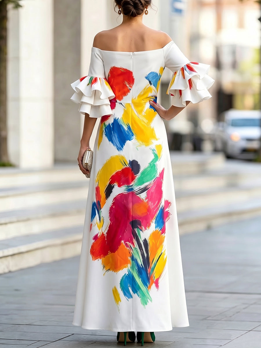 Robe longue imprimée à fermeture éclair, à poches, à taille élastique, à manches volantées, à manches mi-longues, à épaules dénudées, couleur contrastée