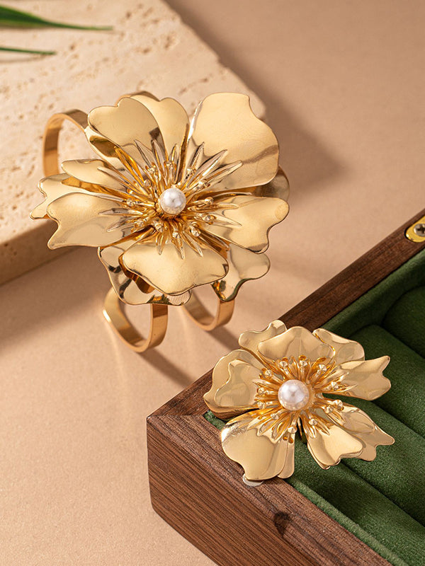 Bracelet Plissé Forme Fleur + Bagues Accessoires Deux Pièces