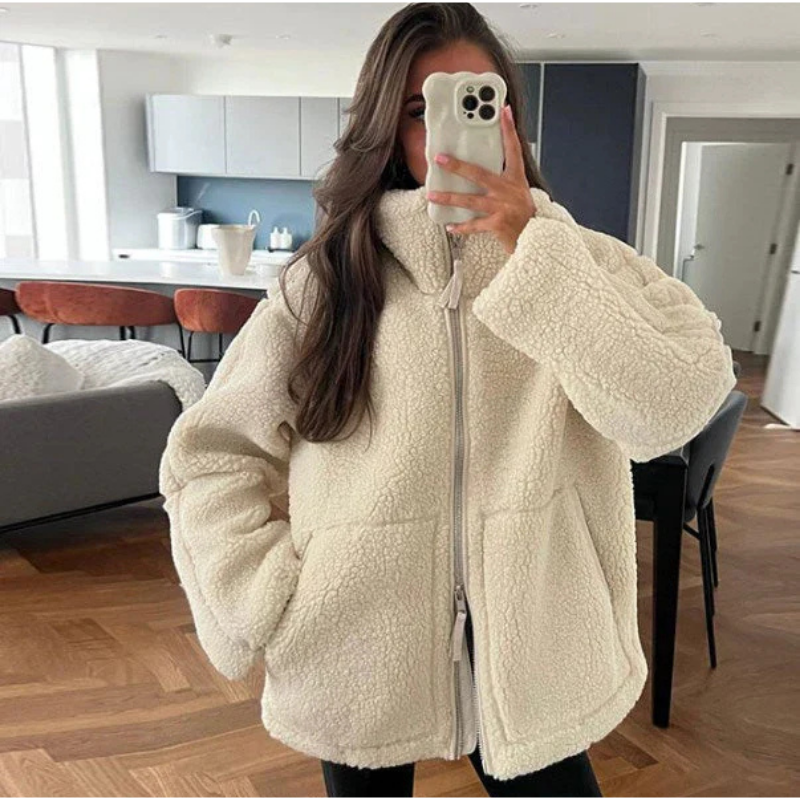 Veste d'hiver Teddy pour femmes avec fermeture éclair | Veste de transition douillette