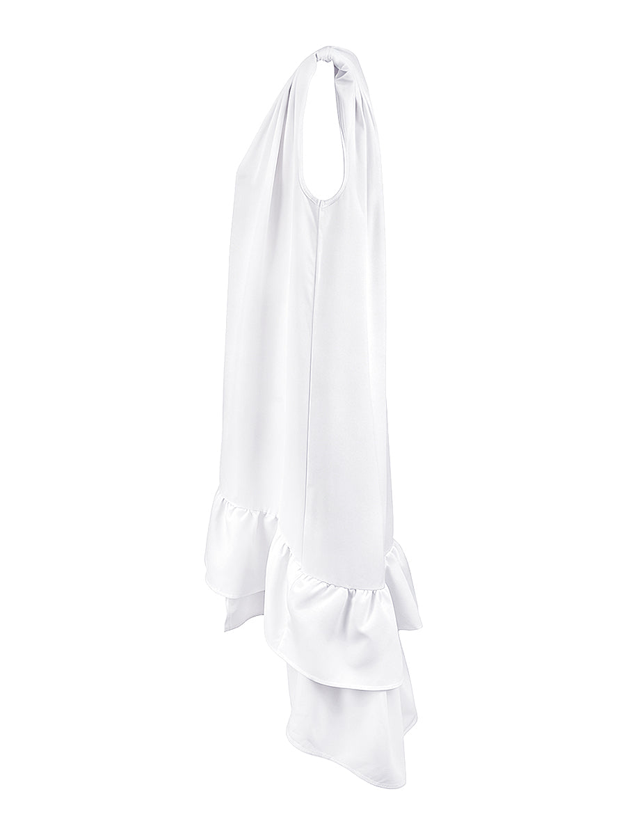 Robe courte ample plissée volantée à ourlet plongeant, à décolleté en V profond, couleur unie