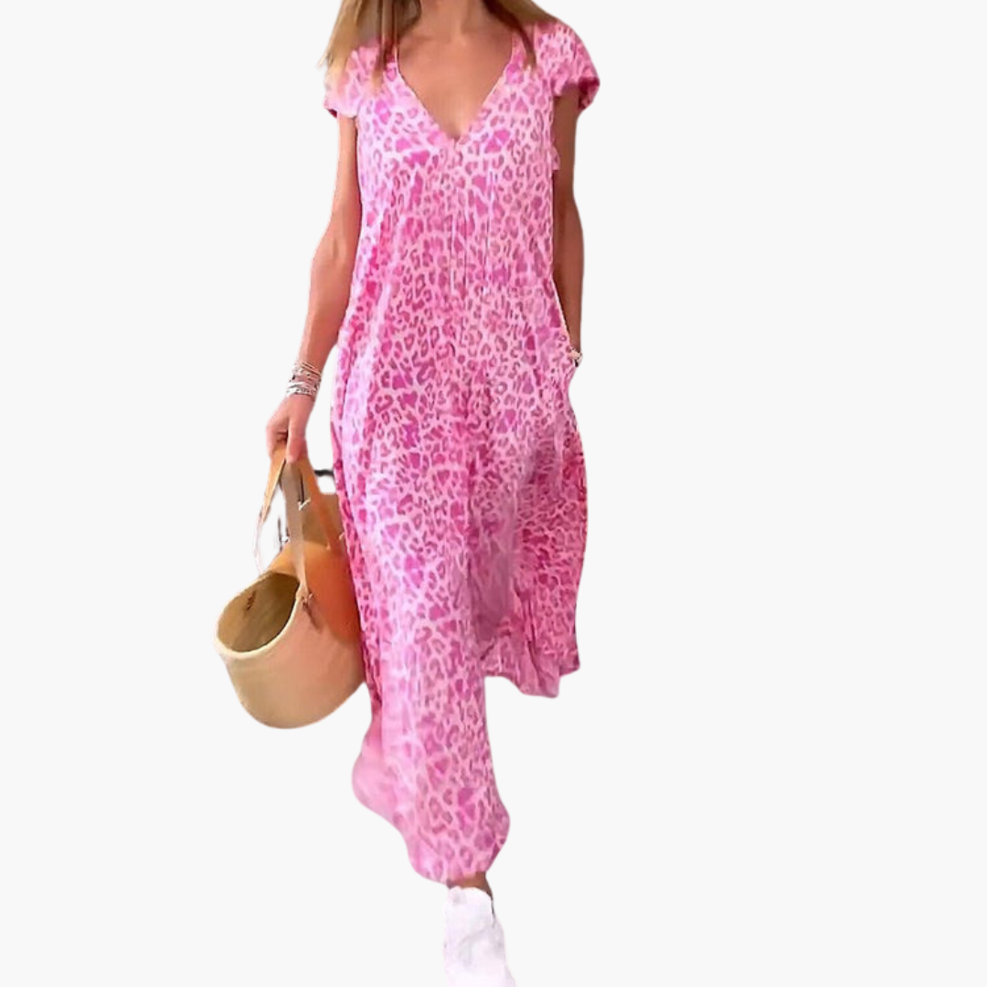 Robe maxi léopard pour femmes – Décolleté en V et coupe décontractée