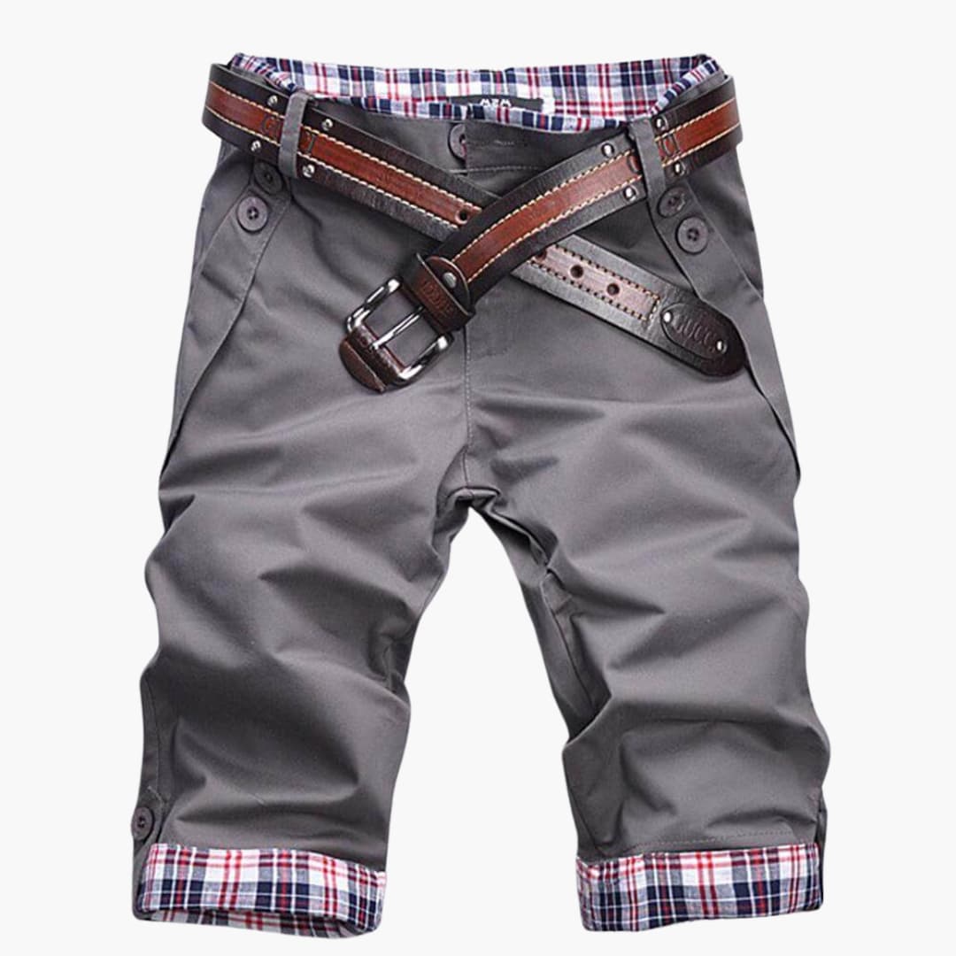 Shorts en coton pour hommes avec ceinture et revers à carreaux, longueur genou
