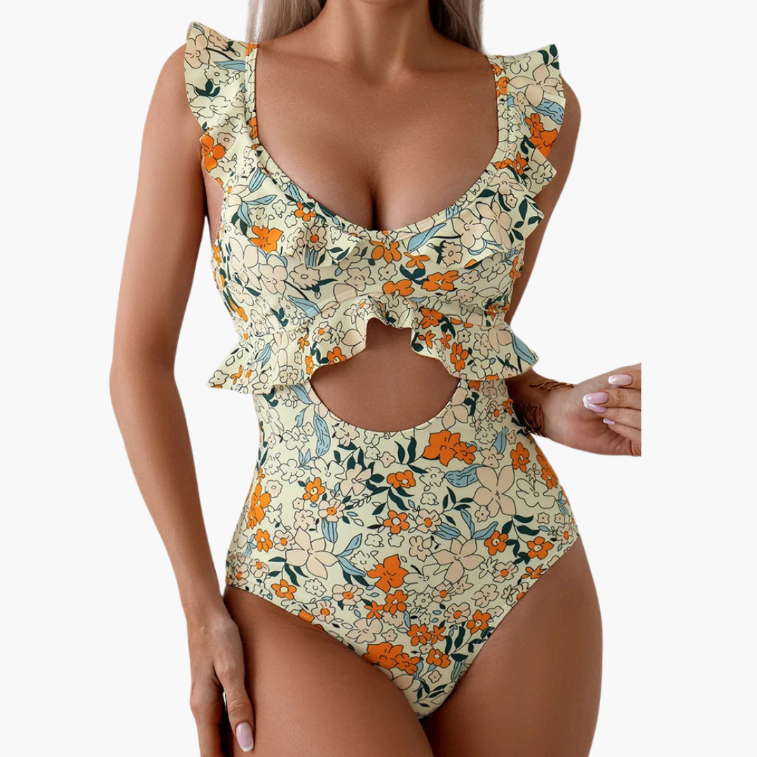 Maillot de bain femme - Monokini floral avec volants et découpes