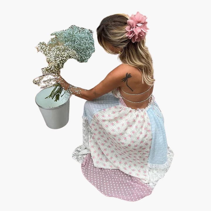 Robe Maxikleid Patchwork - Robe d'été pour femmes avec bretelles spaghetti