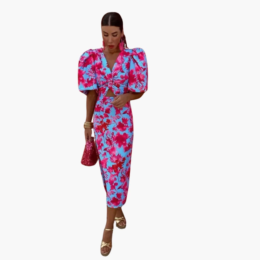Robe midi à manches bouffantes - Tenue d'été élégante pour femmes