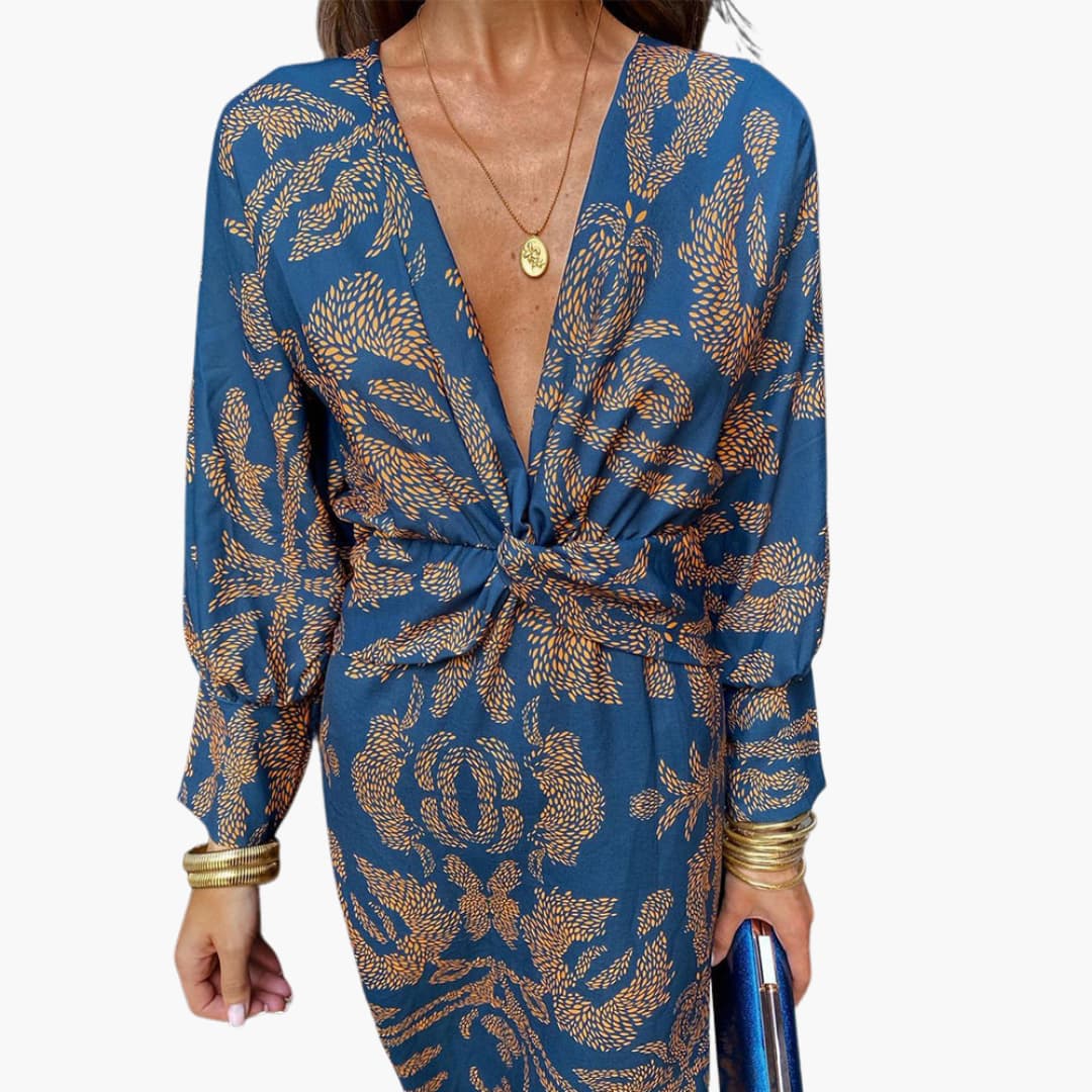 Robe midi pour femmes - Motif floral, manches longues & décolleté en V