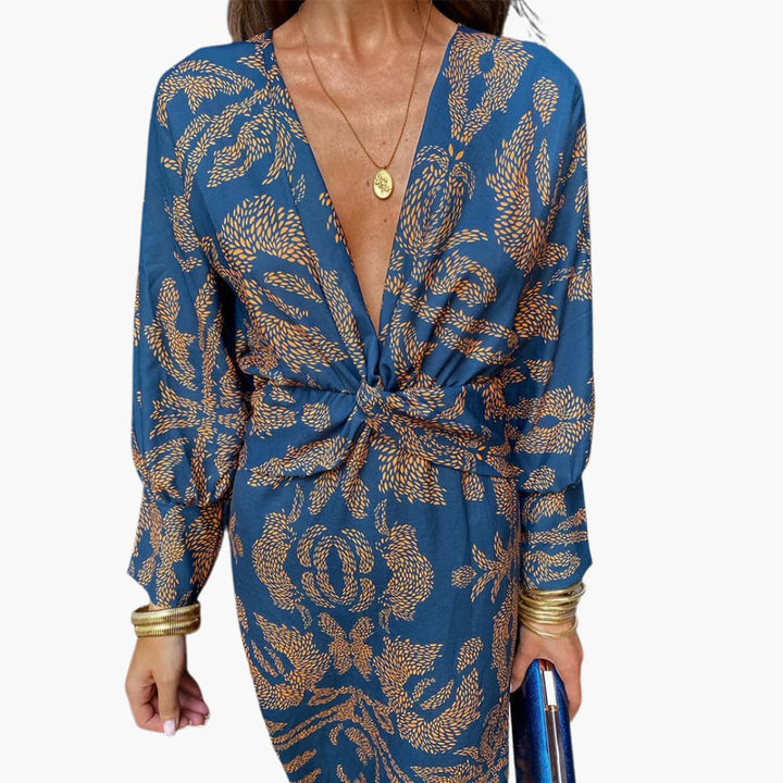 Robe midi pour femmes - Motif floral, manches longues & décolleté en V