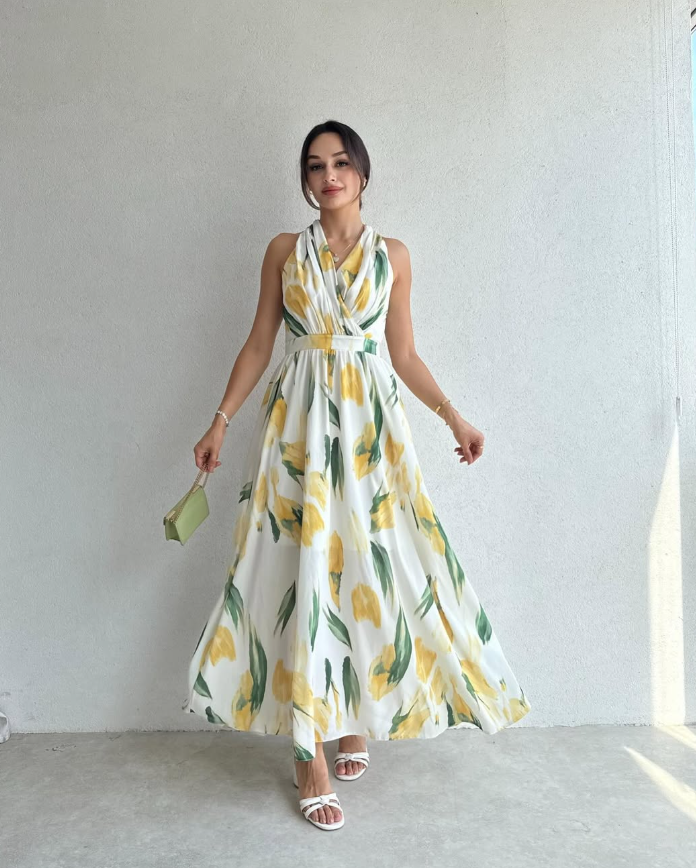 Halsey - Robe maxi à motif floral avec col noué