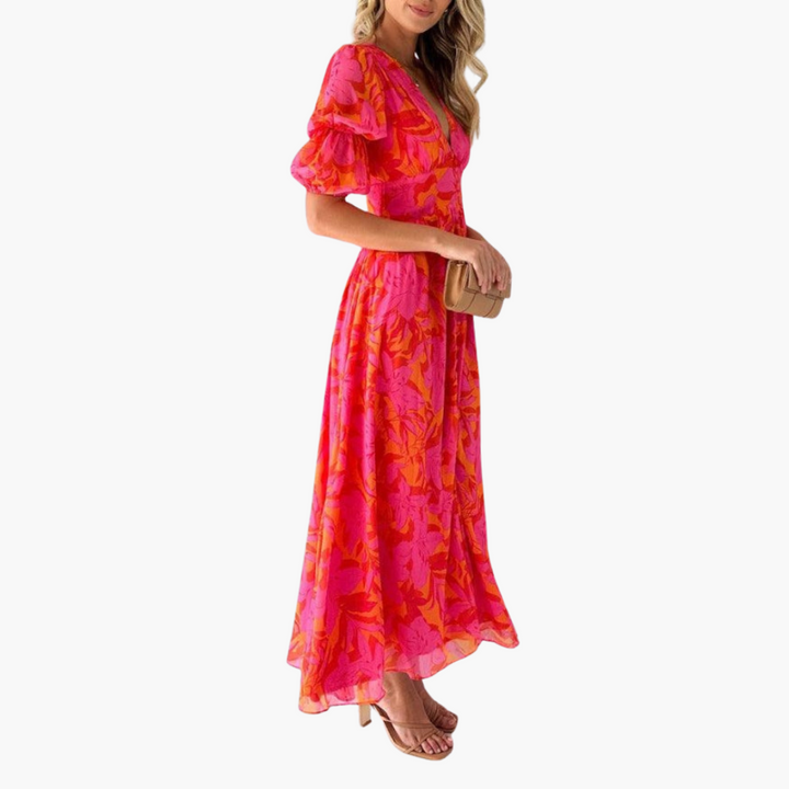 Robe Maxi Élégante pour Femmes - Décolleté en V & Manches Bouffantes