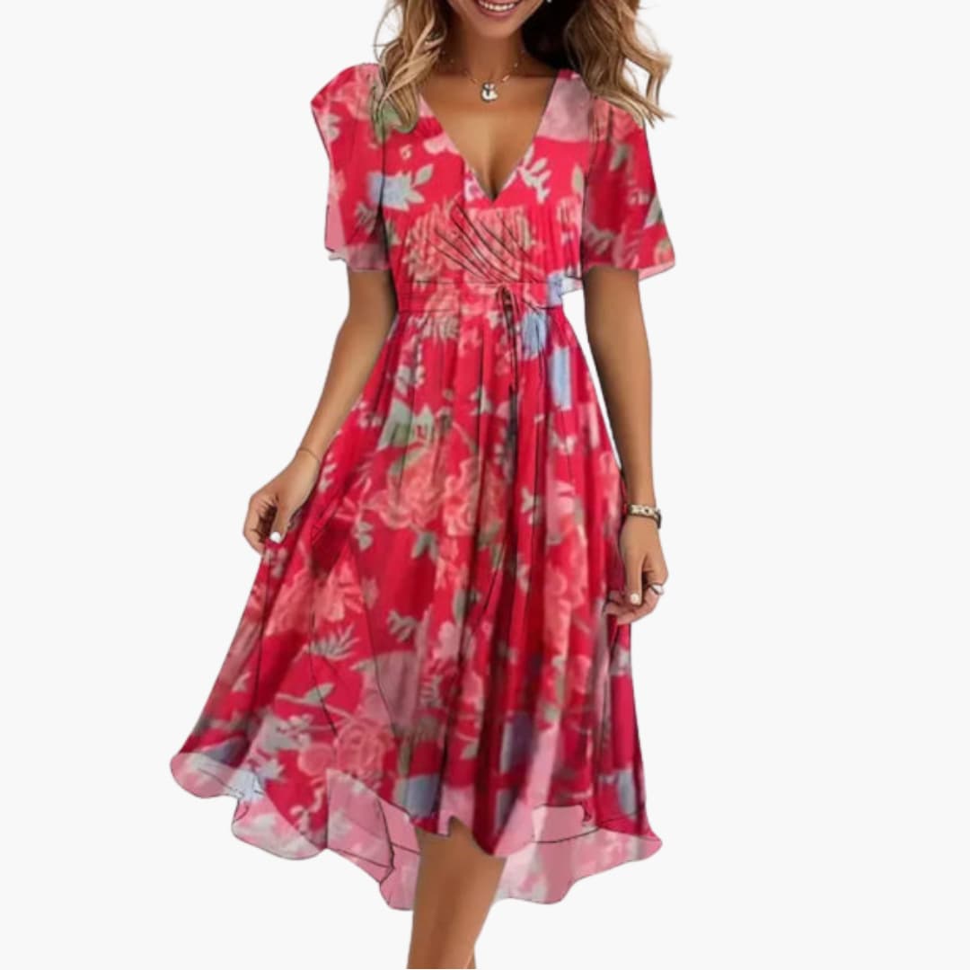 Robe midi pour femmes - Élégante, motif floral & décolleté en V