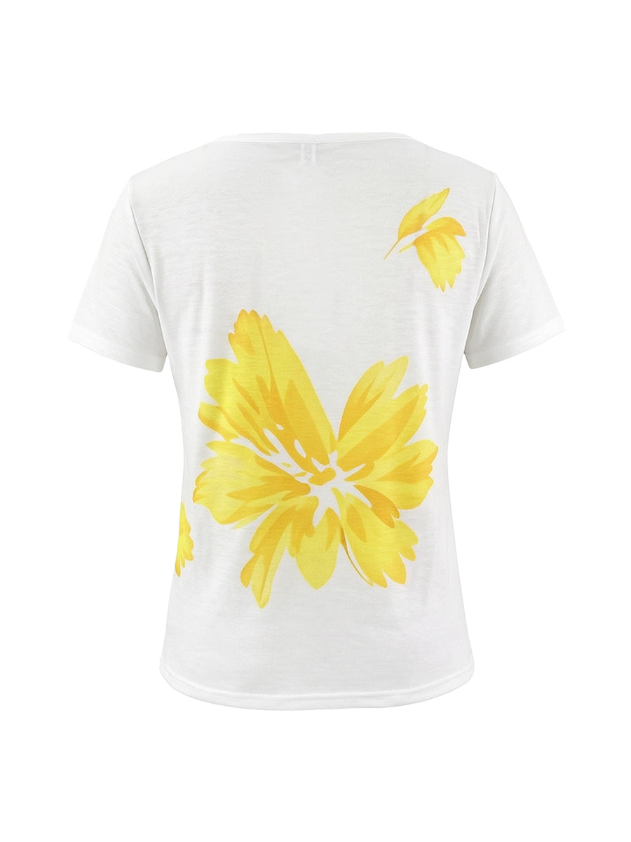 T-shirt à manches courtes, à imprimé floral, à col en V