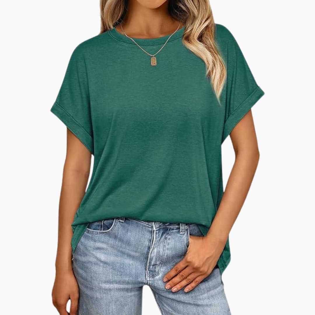 T-shirt oversize pour femmes avec col rond et manches retroussées