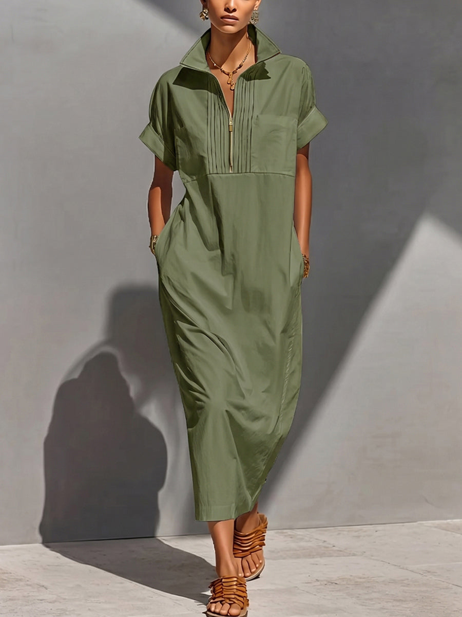 Robe longue à fermeture éclair, à poches, sans manches, taille haute, à col en V, couleur unie