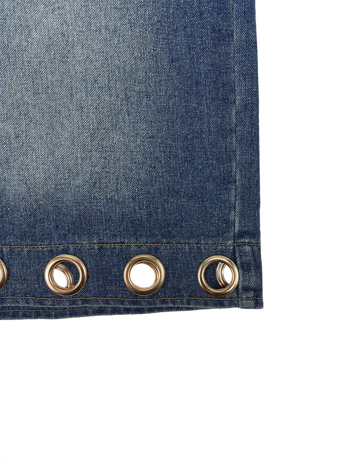 Short boutonné ajouré taille haute, à jambes larges, à poches, à empiècements, couleur unie