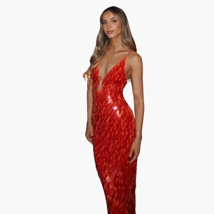 Robe de soirée pailletée pour femmes - Maxi avec décolleté en V