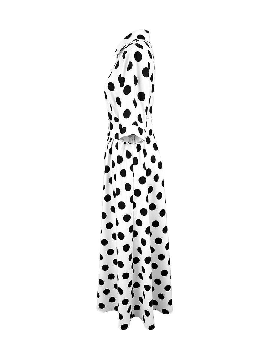 Robe chemise boutonnée coupe trapèze, à manches mi-longues, à taille élastique, à pois, à col revers, couleur contrastée