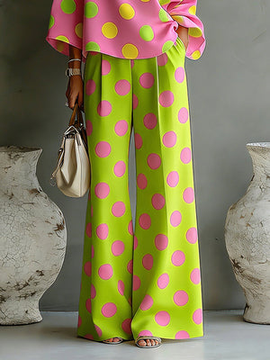 Pantalon boutonné à jambes larges, à poches, à pois