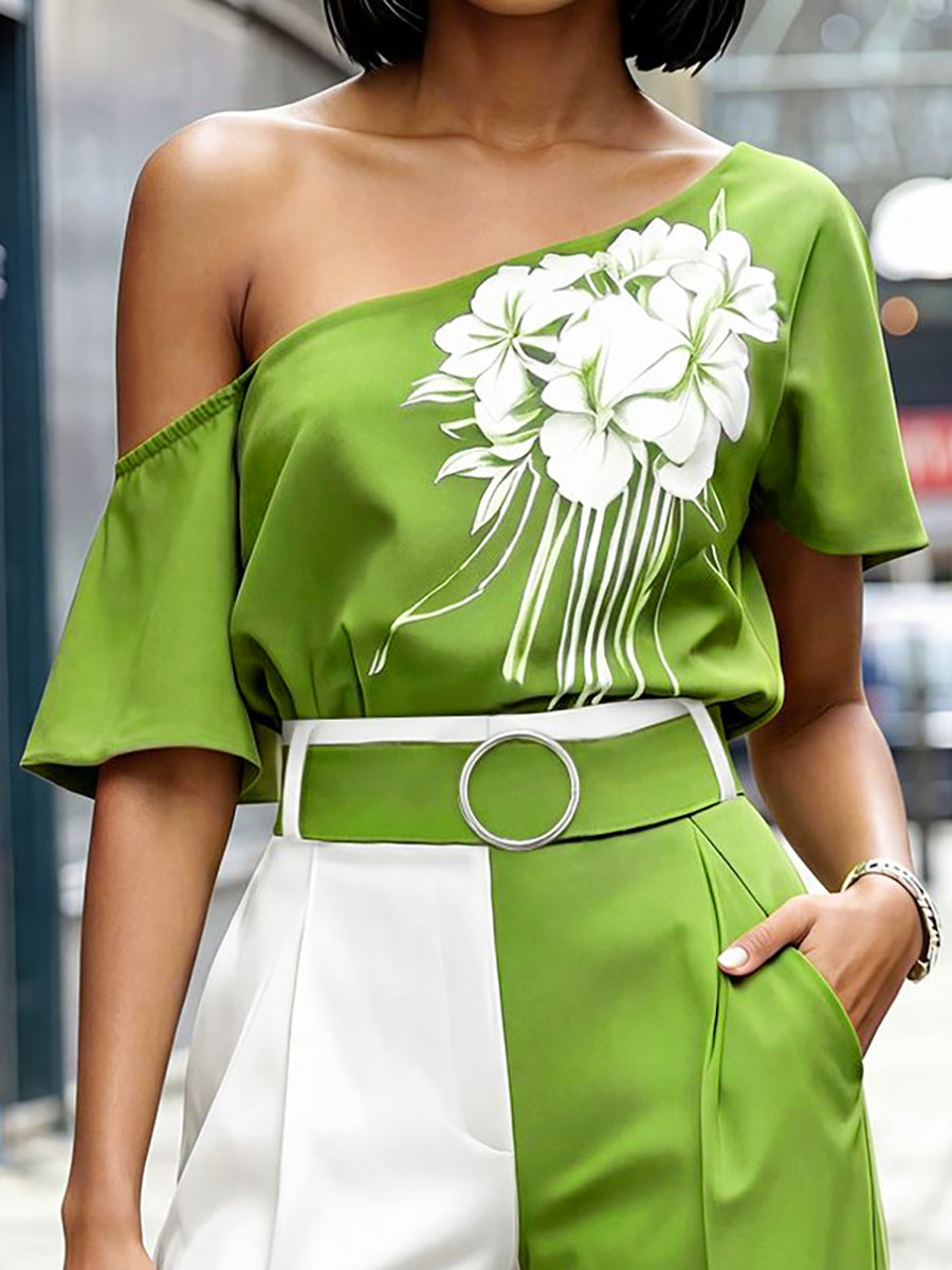 Chemisier à manches courtes, à imprimé floral, asymétrique à une épaule, couleur contrastée