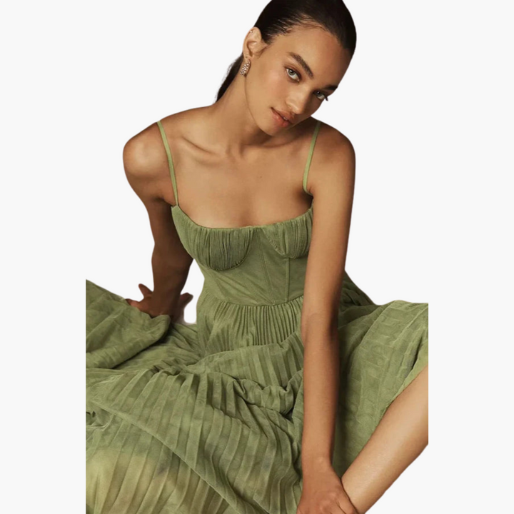 Robe midi plissée pour femmes - Bustier & bretelles spaghetti