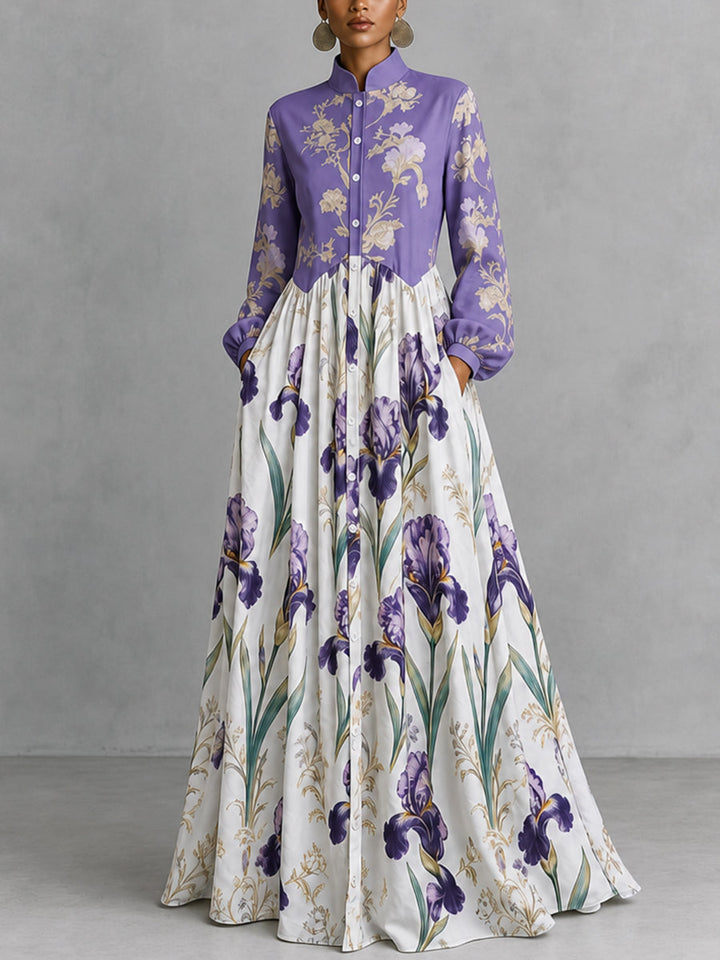 Robe longue froncée boutonnée ample à empiècements, à poches, à imprimé floral, à manches longues, à col montant, couleur contrastée