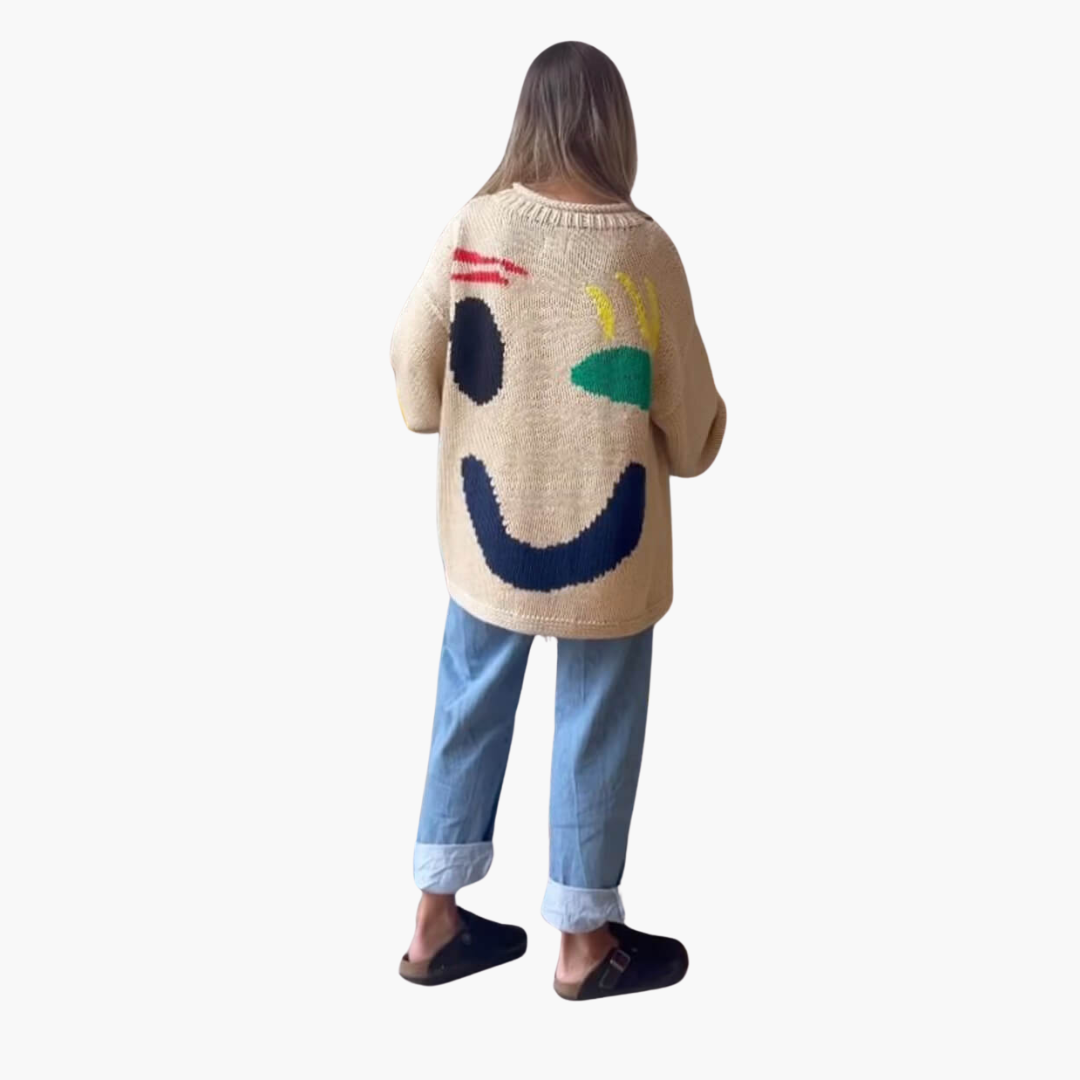Pull en tricot pour femmes - avec coupe oversize et motif Smiley