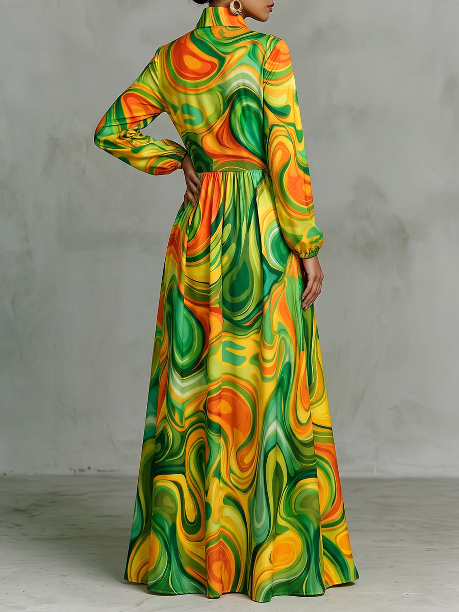 Robe longue imprimée plissée ample à poches, à manches longues, à col montant, couleur contrastée