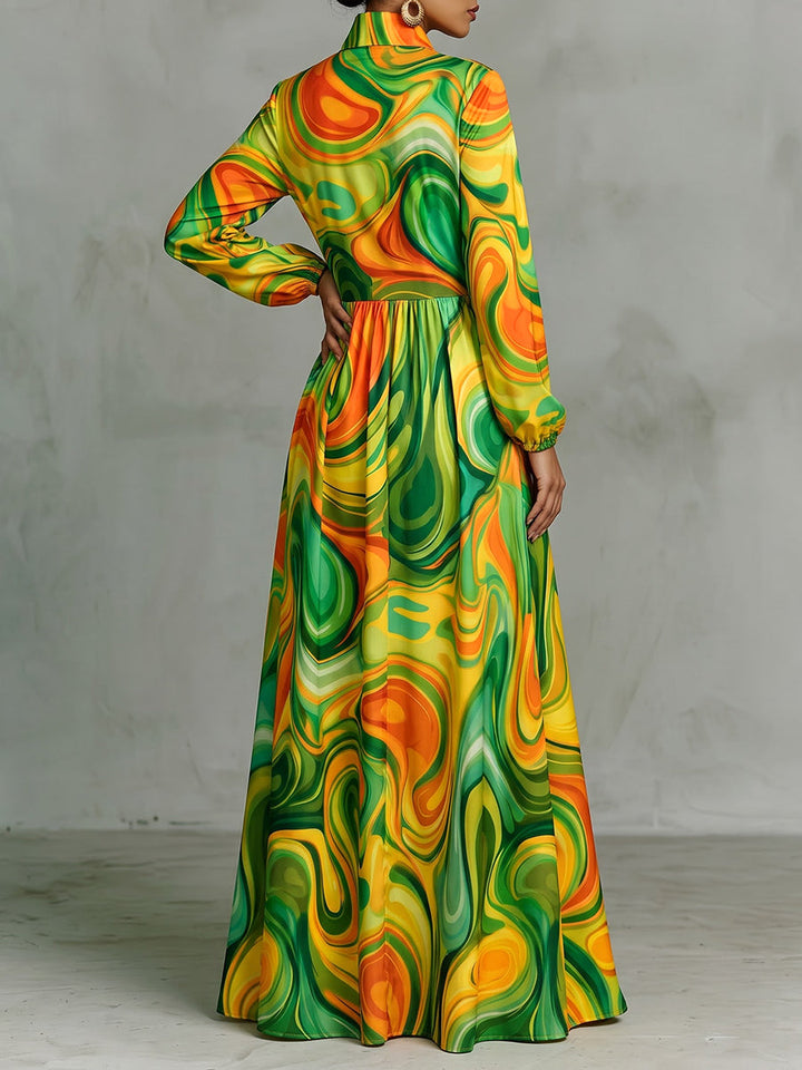 Robe longue imprimée plissée ample à poches, à manches longues, à col montant, couleur contrastée