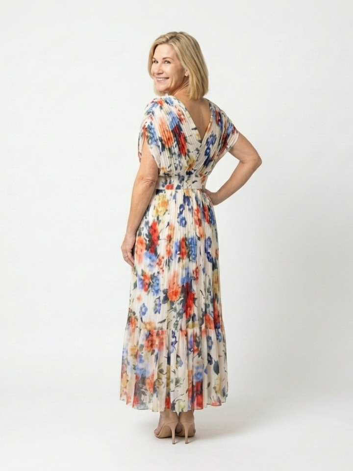 Savannah | Robe midi florale à manches courtes et plissée