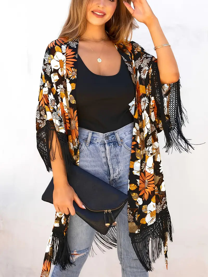 Kimono-Cardigan vif avec motif floral et franges pour femmes