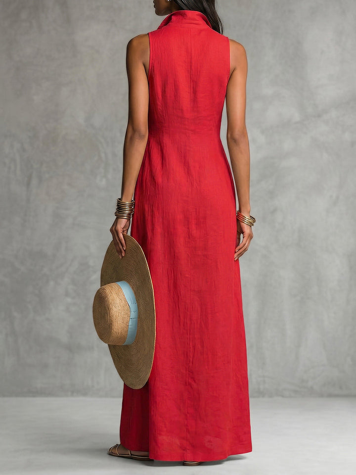 Robe longue boutonnée taille haute, à poches, à col revers, couleur unie