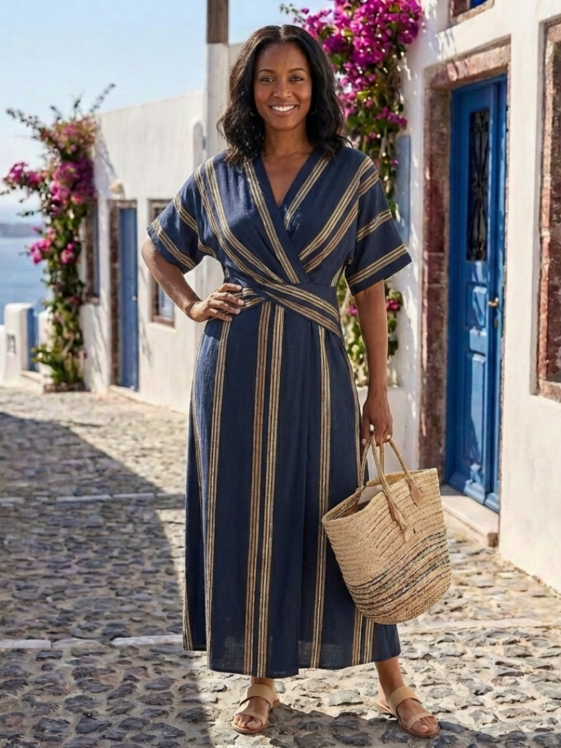 Saphira | Robe Midi Portefeuille Rayée pour Femmes Décolleté en V