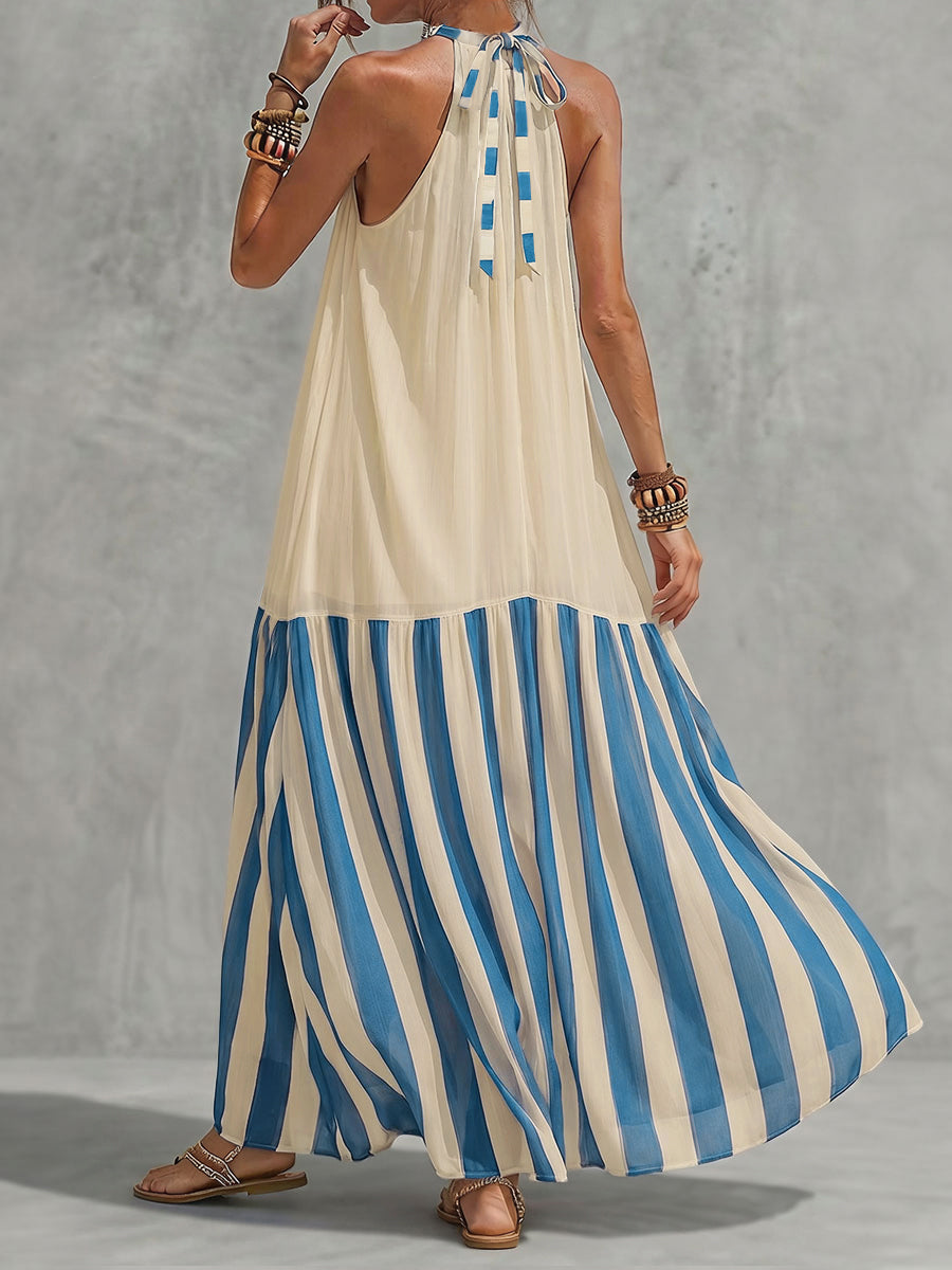 Robe longue ample plissée rayée coupe trapèze, à col licou, couleur contrastée