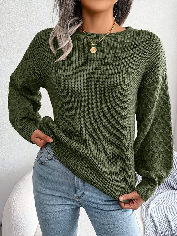 Pull ample à manches longues en tricot torsadé de couleur unie à col rond