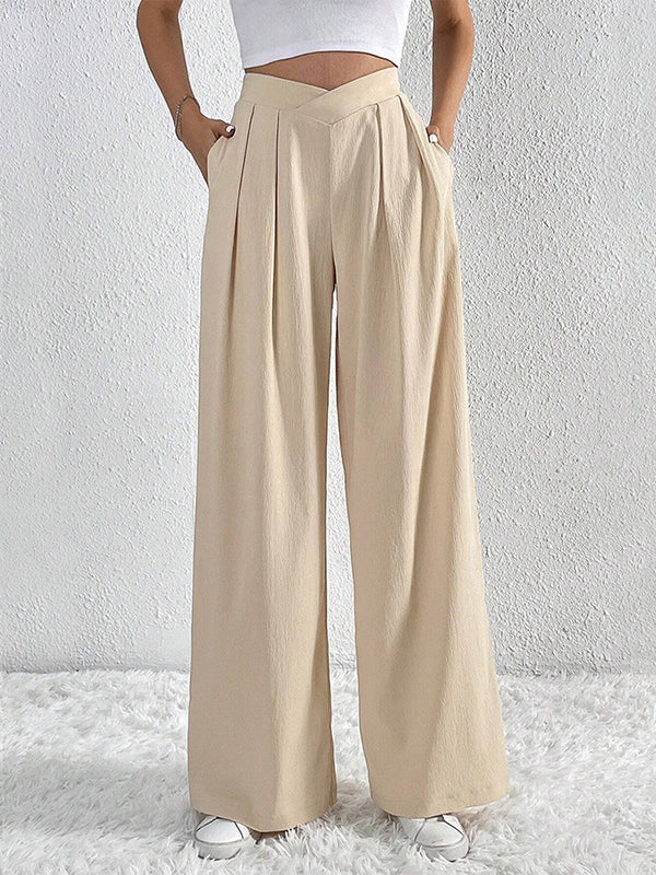 Pantalon ample plissé à jambes larges, couleur unie