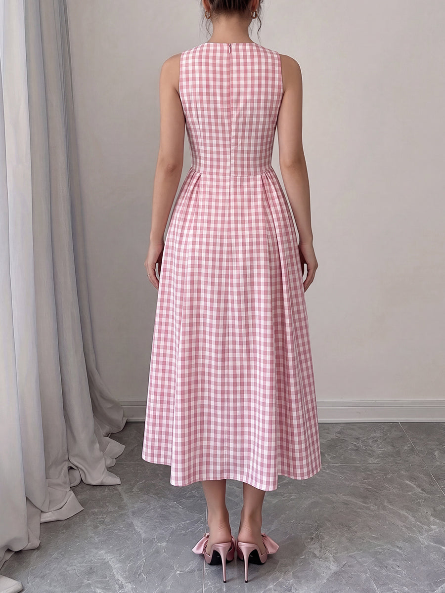 Robe longue unie ajourée à fermeture éclair, à empiècements, sans manches, taille haute, à col rond, couleur contrastée