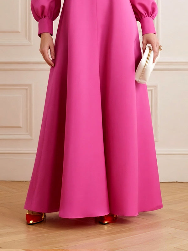 Robe chemise à manches bouffantes, à empiècements, à col rond, couleur unie