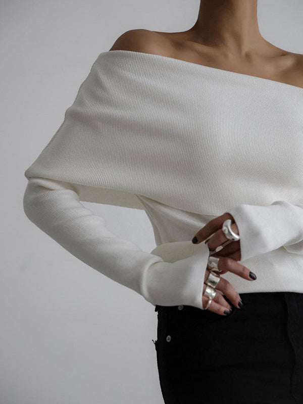 Pull ample à manches longues, à épaules dénudées, couleur unie