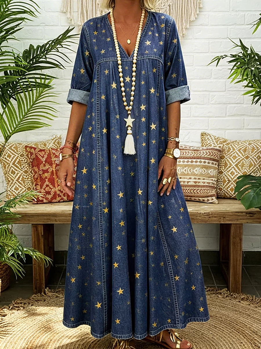 Robe longue plissée imprimée coupe trapèze, à manches longues, à poches, à empiècements, à col en V