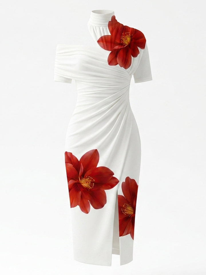Robe mi-longue moulante plissée fendue devant à manches courtes, à imprimé floral, à col haut