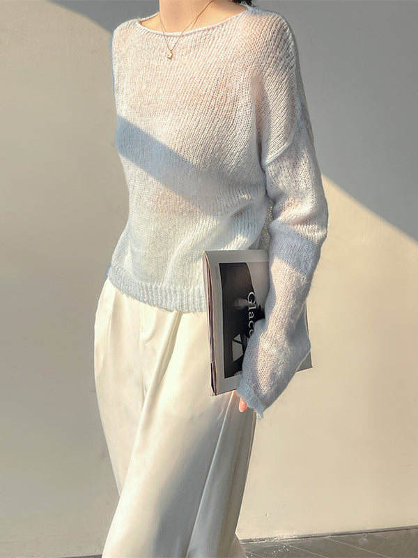 Pull fin tricoté en Mohair doux, manches longues, couleur unie, hauts fins