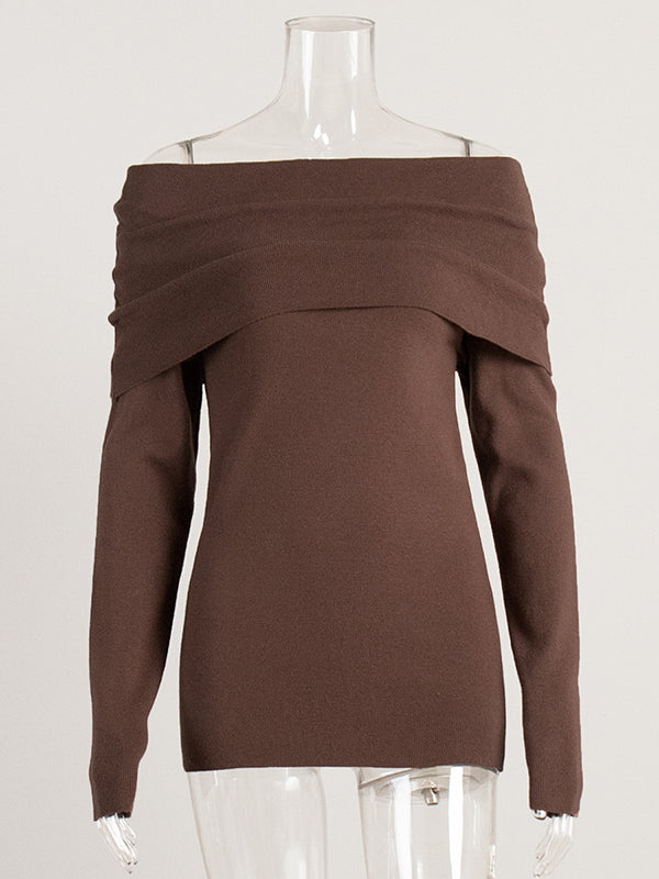 Pull ample à manches longues, à épaules dénudées, couleur unie