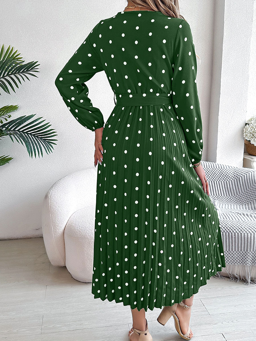 Robe chemise plissée taille haute, à manches longues, à pois, à taille nouée, à col en V